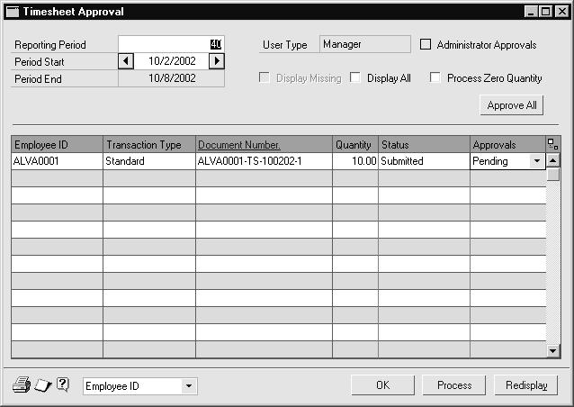 PART 2 PROCEDURES To approve timesheets: 1. Open the Timesheet Approval window. (Transactions >> Timesheet Approvals) 2. Enter the reporting period. 3.