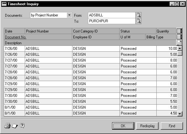 PART 2 PROCEDURES Viewing timesheet information Use the Timesheet Inquiry window to view timesheet information. A timesheet is a record of the work hours spent by an employee on a project.