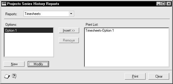 PART 2 PROCEDURES Printing a history report Use the Project Series History Reports window to print reports containing entries such as submitted or missing timesheets and expense reports.
