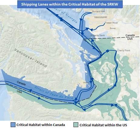 SRKW Challenge: Growth & Shared Waters Canadian and US shipping lanes go through SRKW critical habitat Expansion projects will result in additional vessel