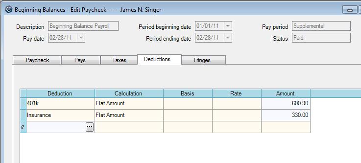 Step 2: Enter beginning balances for each employee (continued) Now, include any deductions