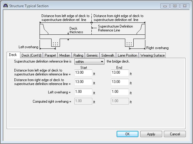 Typical Section Next define the structure typical section by double-clicking Structure Typical Section in the Bridge Workspace tree. Input the data describing the typical section as shown below.
