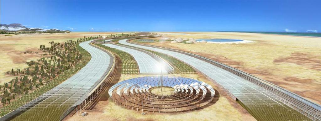 3. The Concept The illustration below envisages a combined CSP / Seawater Greenhouse operation, located some distance from the coast in a desert region.