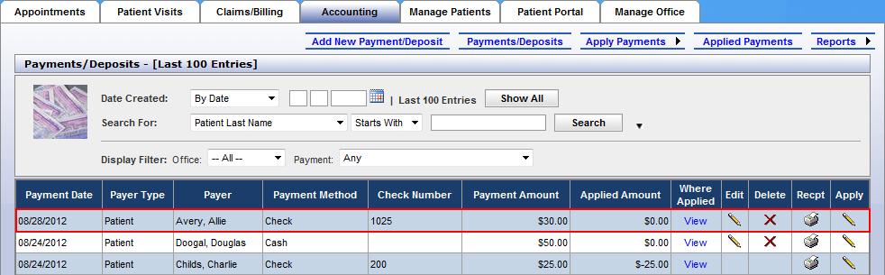 Enter the date you received the payment, or use the calendar to select a date. Click on the drop-down box to select whether the payment is from a patient or from an insurance company.