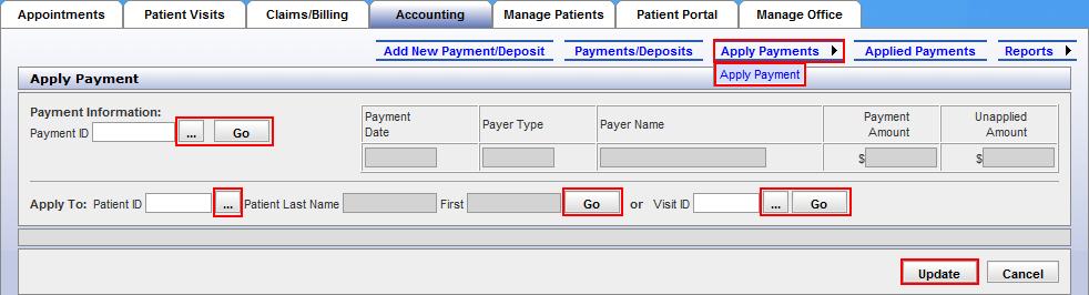 Use the Search buttons,, and refresh the page by clicking Go after the applicable fields to apply a payment. 2. The second way to apply a payment is from the Payments/Deposits List.