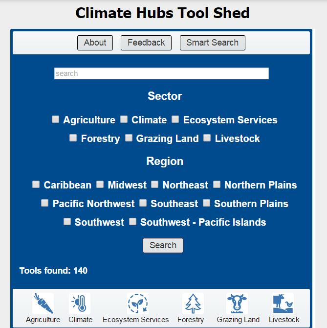 Information synthesis / Tool development: Climate Hubs The recently launched Climate Hubs Tool Shed is an online, searchable database of tools (datadriven, interactive websites and mobile apps) that