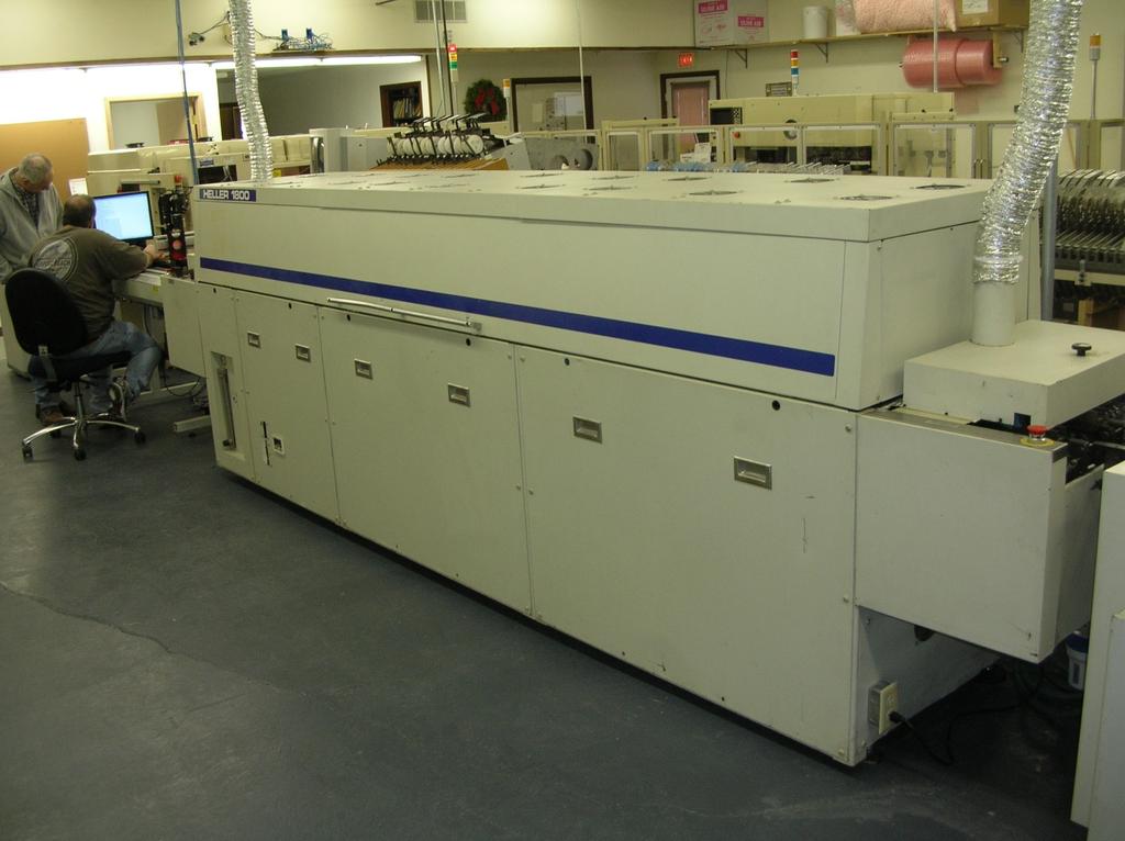 Reflow oven With 8 heating zones and 2 cooling zones, the Heller 1800 reflows both leaded and lead-free solders with ease. The boards come out of the oven ready for assembly, testing, and shipment.