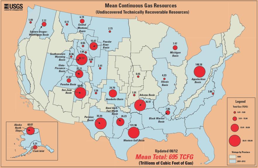 natural gas reserves 25% shale gas, 22% tight gas, 14% offshore of the lower 48 states, and 14% on- and offshore in Alaska Estimates for natural