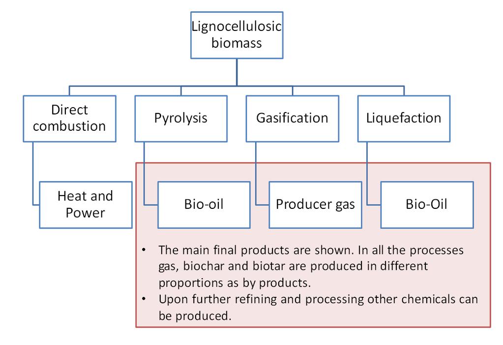 Figure 2.9. Main thermochemical processes and their main final product. Product gas is produced by the thermochemical decomposition of biomass in an oxygen lean environment.