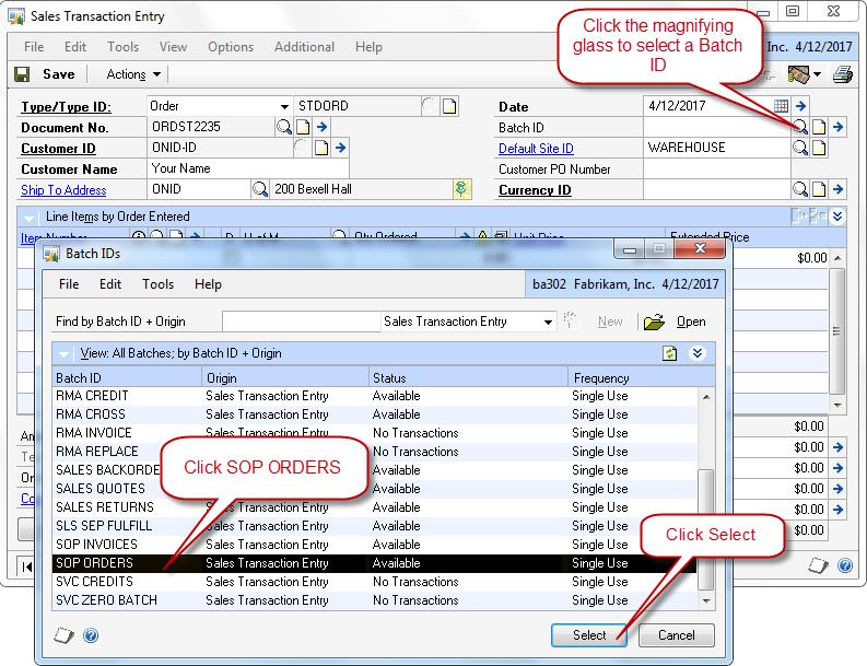 Using the Tab key, tab over to the Batch ID, click the magnifying glass and select SOP Orders (sales orders processed).