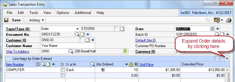 sn032 Double click the order, and this should bring up the Sales Transaction Entry you were working on with Sally,
