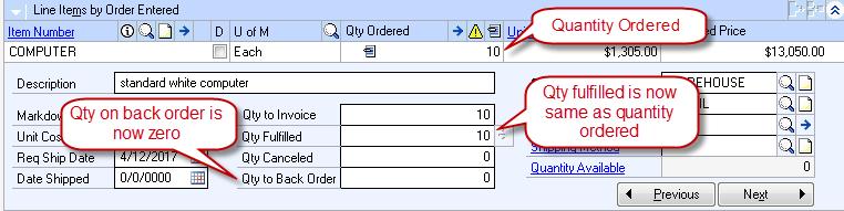 By expanding the order details, we can see now that our quantity on back order has dropped to zero, and the quantity
