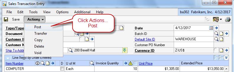 Then to complete this order, select Actions, then Post. sn037 Close the Sales Transaction Entry window.