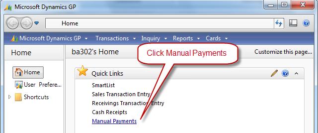 To generate payment, click Transactions, Purchasing, and then Manual Payments.