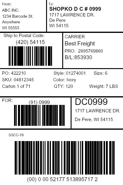UCC128 Label with Detailed Field Level Requirements for Standard Pack FROM Vendor Address SHIP TO POST Ship To Zip Code and Human Readable Representation TO Shopko s Location #, and Address CARRIER