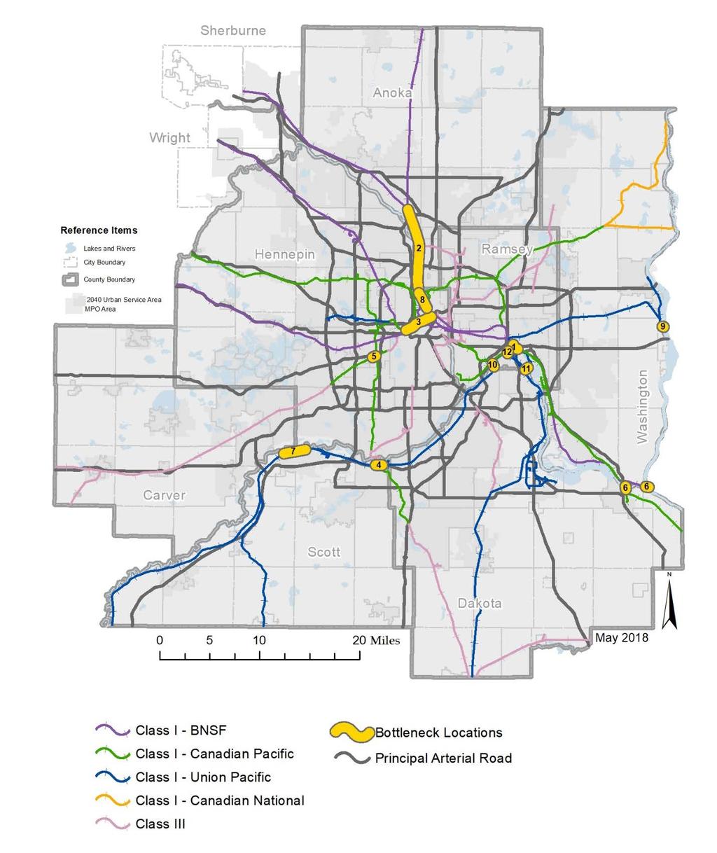 Figure 8-4: Metro Rail System Bottlenecks Considering the potential growth in freight and passenger rail, communities with rail corridors should expect continued and potentially increasing railroad