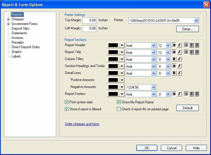 Settings Exercise 3: Entering Printer Options for Reports and Forms 1. From the Setup menu, choose Reports & Forms. 2.