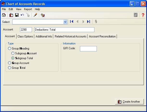 Adapting the Chart of Accounts Enter the number and description. Select Subgroup Total as the account type. 4. Click the Create Another button. 5.