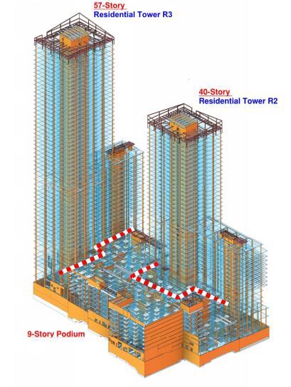 As a result of three sets of shear wall systems employed with staggered top of wall elevation along the height of the building, two major transfer diaphragms were introduced: one is at the amenity