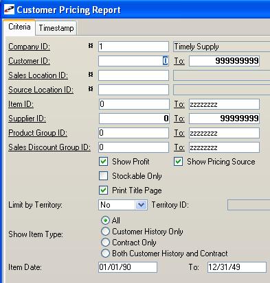 Customer Pricing Report Criteria Limit report to items customer has purchased in history