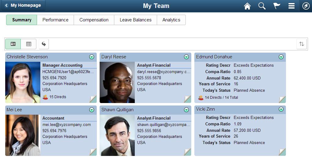 Using the Fluid User Interface for eprofile Manager Desktop Chapter 5 Image: My Team - Summary page: card view This example illustrates the card view on the My Team - Summary page.