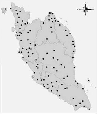 Figure 1. Black dot shows the many location of existing and closed landfill sites in Peninsula Malaysia.