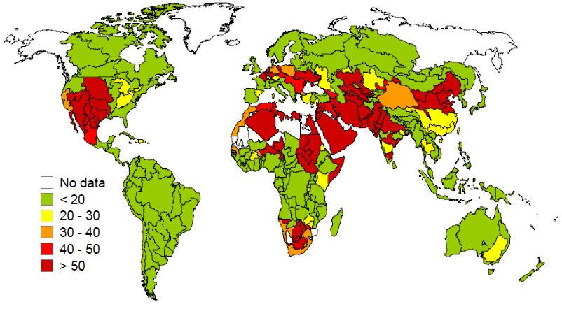 Water stress is rising Water stress, total renewable water withdrawn 2010 (%) Water stress for total renewable water withdrawn, BAU, 2050 (%) Water-scarce regions account for: 36% of global