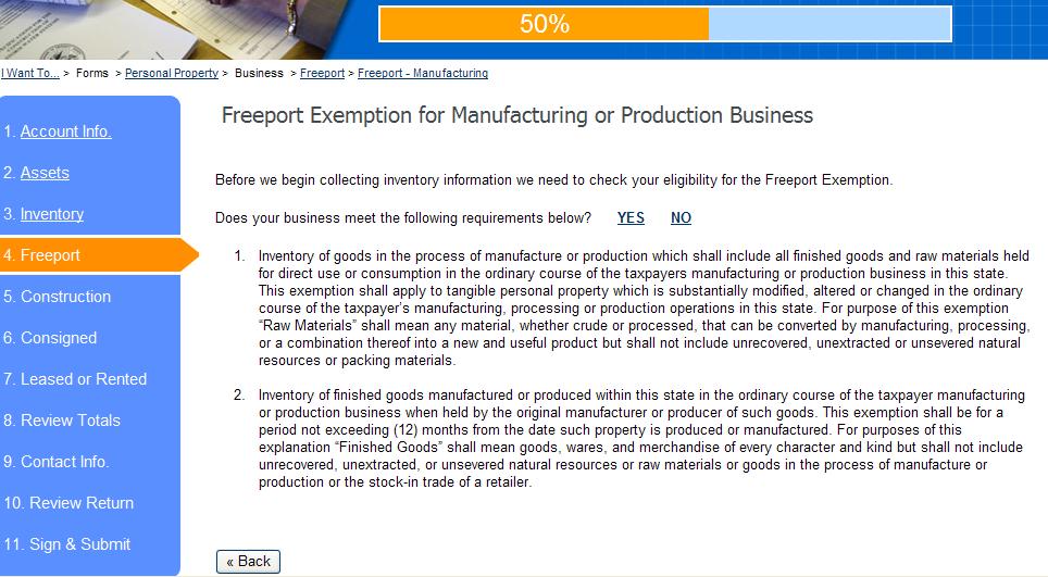 If you are a Georgia manufacturing businesses that substantially changes, alters or modifies a product through a production process you will want to select YES to continue the Freeport Application as