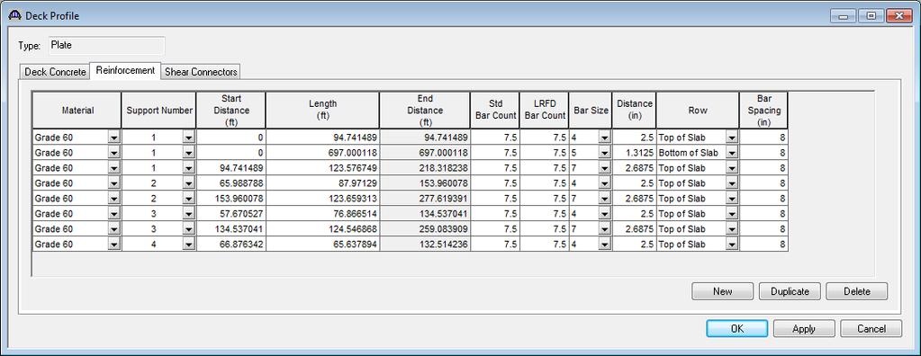 Open the Deck Profile and enter the data describing the structural properties of the deck. See window shown below.