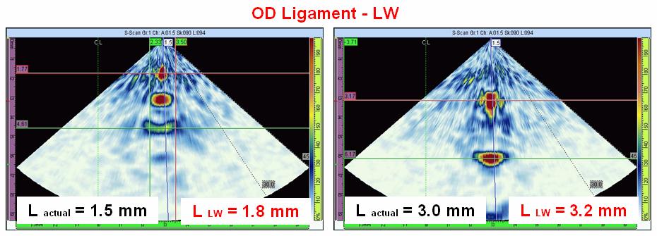 Examples of ligament measurements on 25 Lig 1.5 and on TED 4B for longitudinal waves are presented in Figure 11. Figure 11: Example of ligament evaluation with OmniScan on 25 lig 1.