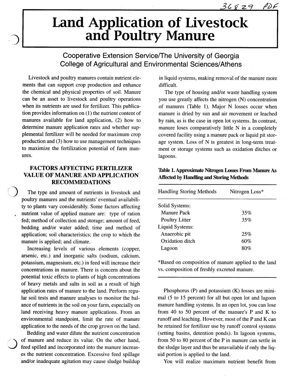 Land Application of Livestock and Poultry Manure Cooperative Extension Servicenhe University of Georgia College of Agricultural and Environmental SciencedAthens Livestock and poultry manures contain