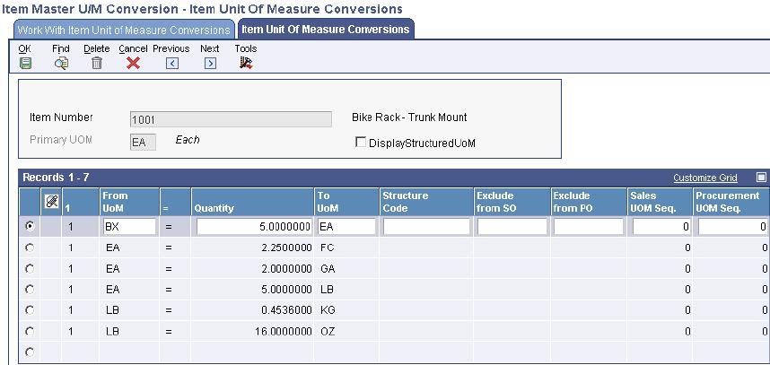 Entering Item Inventory Information Chapter 3 Item Unit Of Measure Conversions form Note. You can specify up to eight levels in these fields. Sales UOM Seq.