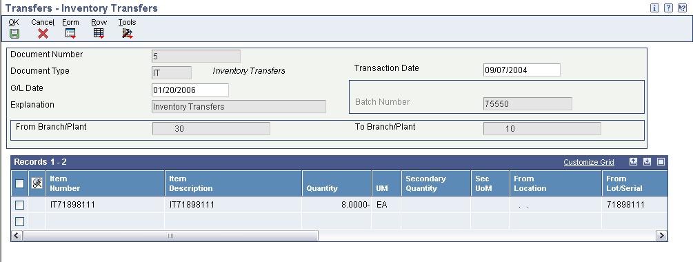 Using Inventory Transactions Chapter 4 Transferring Inventory Access the Inventory Transfers form.