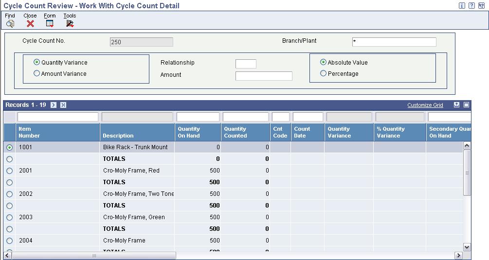Chapter 6 Managing Physical Inventories Work With Cycle Count Detail form After you enter the results of the cycle count, the system automatically calculates variances.