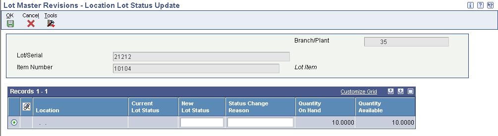 Using Lot Processing Chapter 9 Location Lot Status Update form You set up lot status codes to identify the reasons that a lot is on hold.