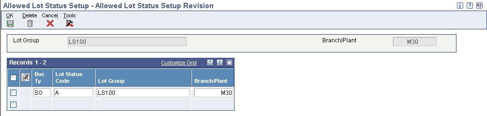 Chapter 9 Using Lot Processing Allowed Lot Status Setup Revision form Lot Status Code Lot Group Branch/Plant Enter the code from UDC 41/L that indicates the status of the lot.
