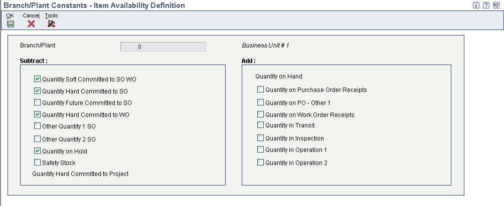 Setting Up the Inventory Management System Chapter 2 Item Availability Definition form You must define how you want the system to calculate item availability for each branch/plant.