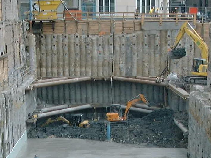 The upper 1 to 2 m of bored pile walls are often designed as walls with inserted beam support.