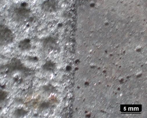 6 The surface of refractory material (SiC-based) after the secondary corrosion test, LOM: a) the surface, b) the interface between original material ii) before test a and