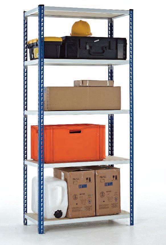 To Create a RS Multi Purpose Shelving Bay Heavy Duty Blue Corner Uprights 40 x 40 x 1.5 mm thick angle upright sections pierced on a 38 mm pitch for shelving adjustability.