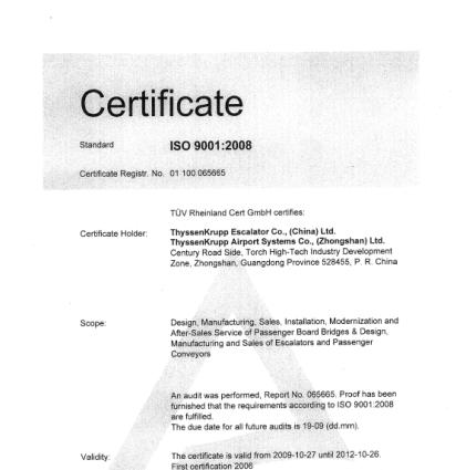 ThyssenKrupp Escalator (ZS)- Certificates TUV ISO 9001 Quality System DIN18800-7