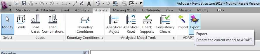 Index (45) 3.1 EXPORT THE ADAPT EXCHANGE FILE FROM AUTODESK REVIT In Autodesk Revit, select Analyze Export from the ADAPT tools (FIGURE 3-2).