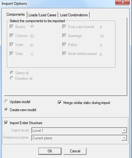 Index (48) In the Import Options dialogue window you will have the options of which components, loads, load cases and load combinations to import.