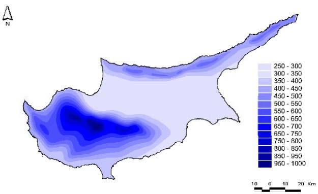 The island of Cyprus: Annual Precipitation Map (mm) Rainfall 1900-1969 540 mm 1970-2005 470 mm A step in rainfall