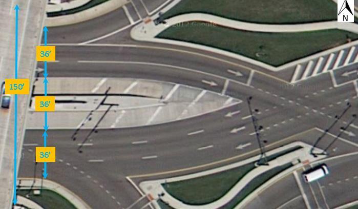 Exhibit 7-11. Cross-sectional distances for a symmetrical alignment with no reverse curves between crossovers (Dorsett Rd., Maryland Heights, MO).
