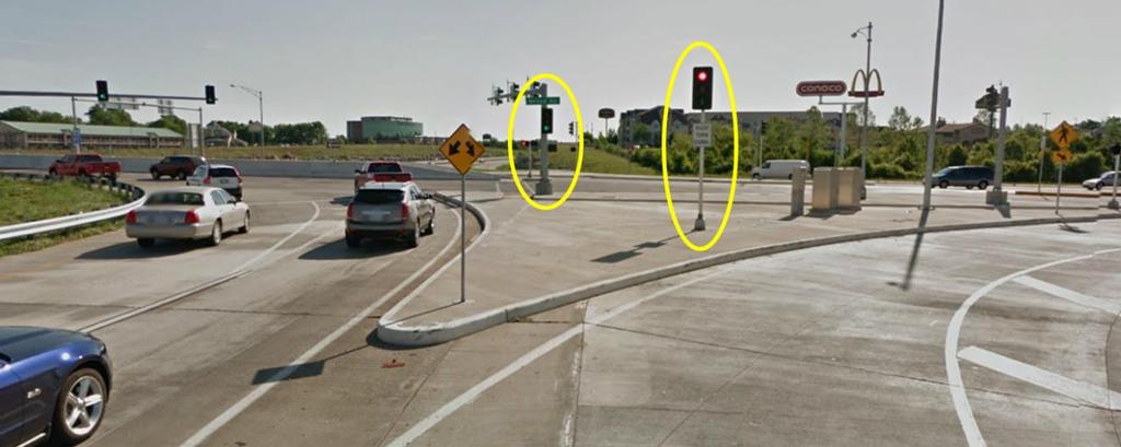 Supplemental signals may also be required for the freeway exit ramp movements as shown in Exhibit 8-10.