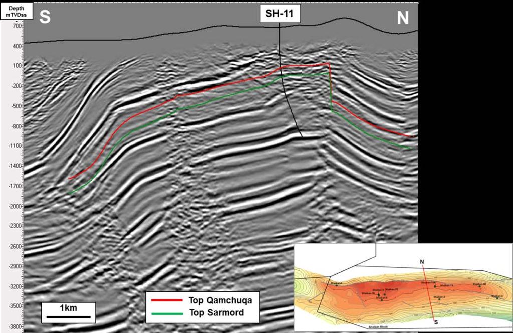 Figure 5.14: Dip Seismic Line, Qamchuqa Prospect (PoSDM) Depth Surfaces.