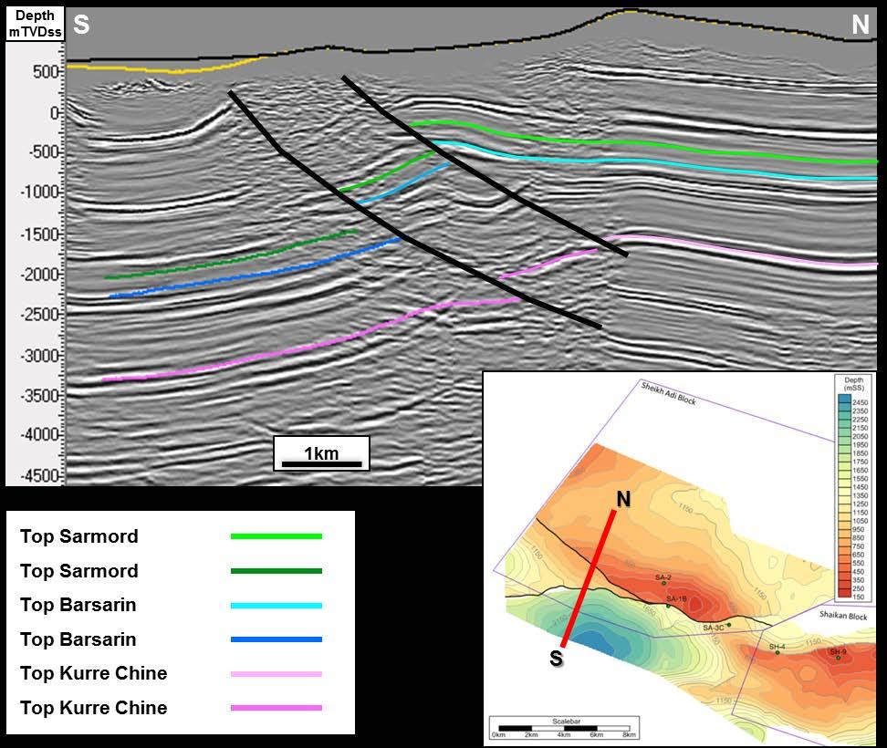 6.2. Depth Conversion Figure 6.2: Dip Seismic Line, Sheikh Adi Prospect A GKP supplied depth surfaces for the Top Sarmord, Top Barsarin and Top Kurre Chine horizons.