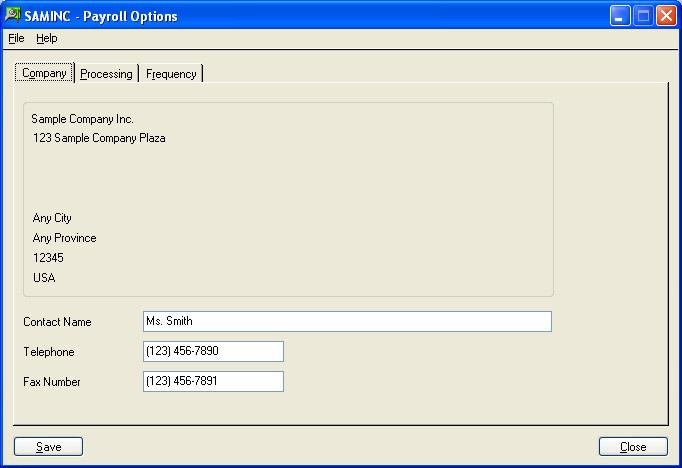 Step 4. Set Up Payroll Options Complete the fields on the Company tab as required, as follows: Contact Name.