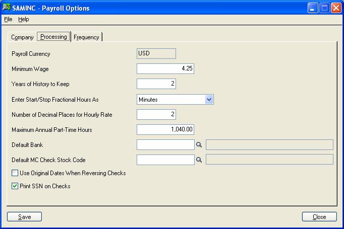 Step 4. Set Up Payroll Options Setting Up Payroll Determine your choice at each option and complete the Processing tab as follows: Payroll Currency. You cannot change this field.